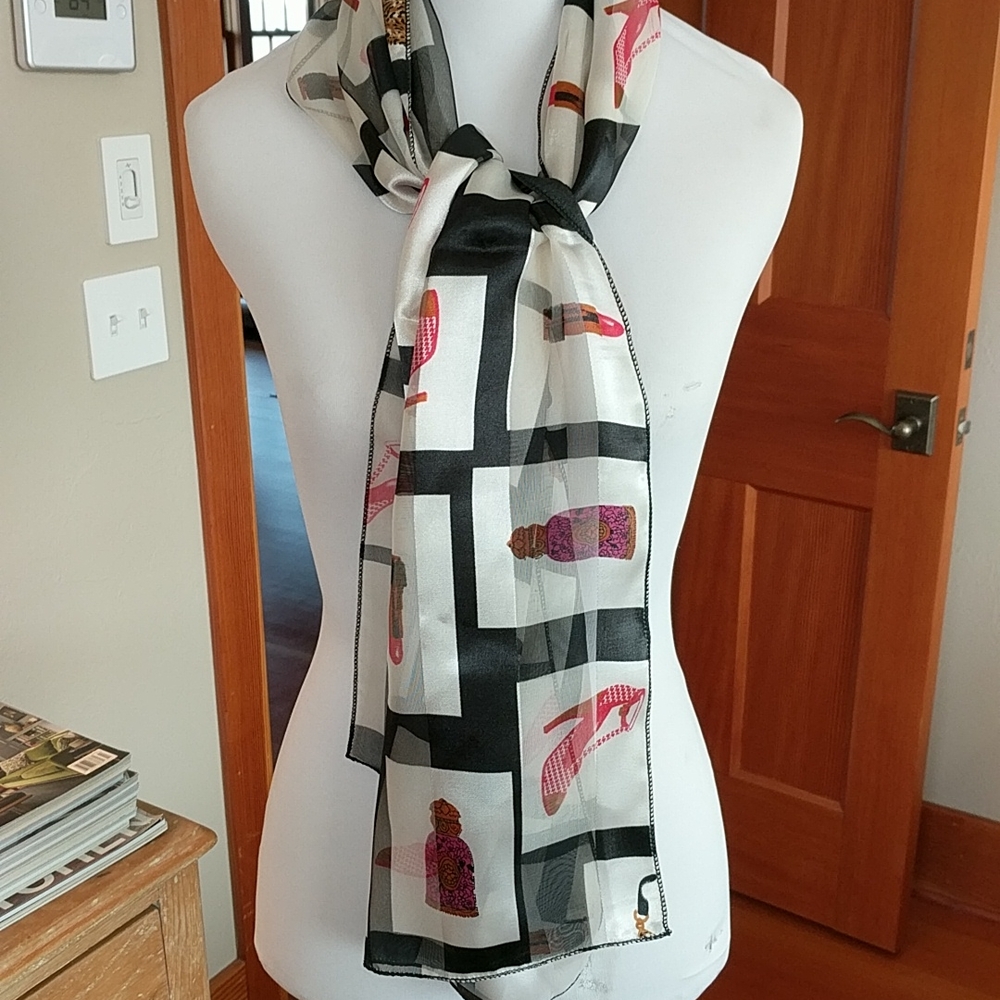 Sheer Black & White Check Scarf with Pink Accent Print